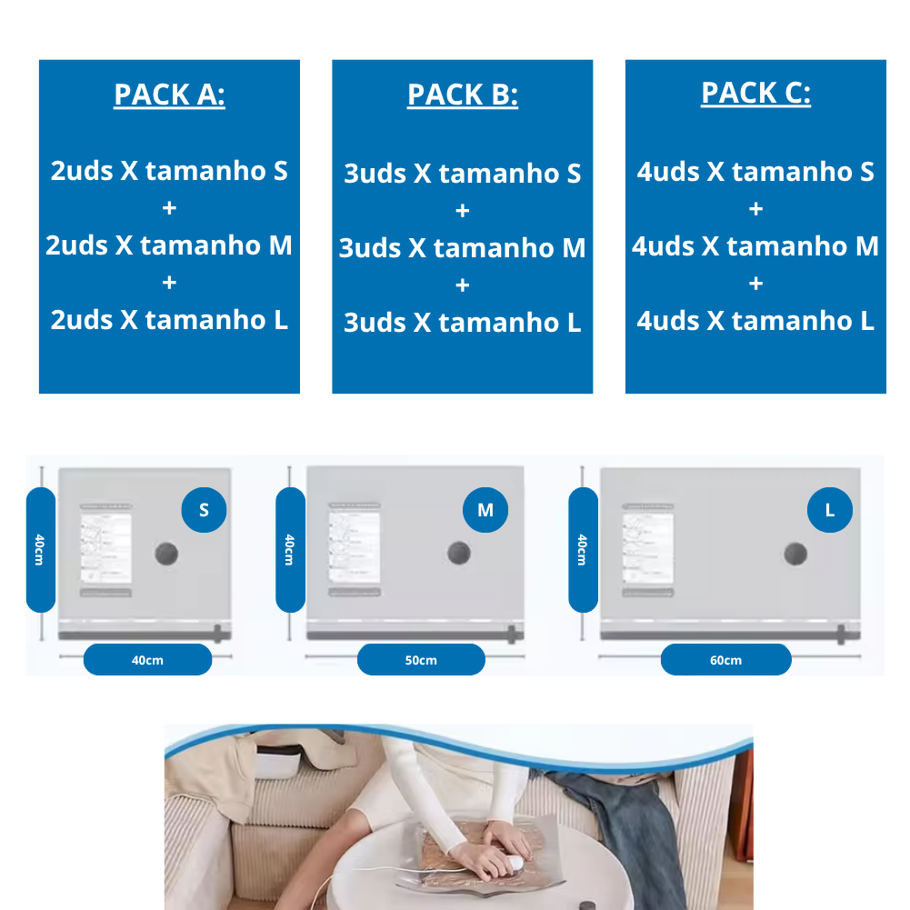 COMPACT-BAGS – Sacos de Vácuo para Viagem + Mini Aspirador USB